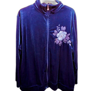 Jaclyn Smith Blue Floral Applique Velveteen Zip Up Jacket XL-XXL